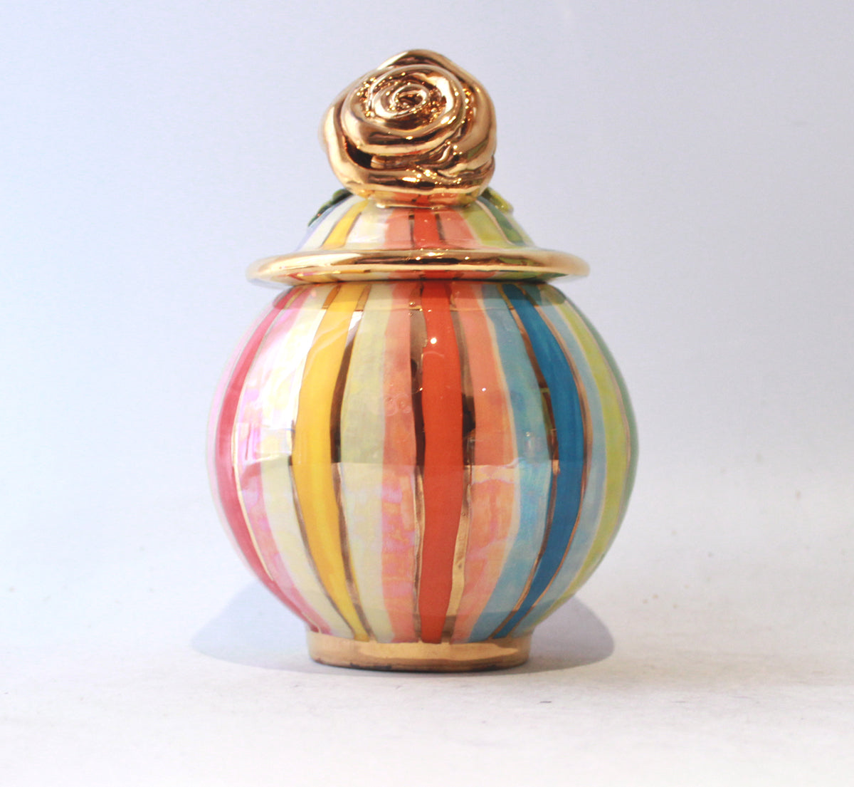 Small Round Rose Lidded Tea Caddy in Lustred Stripe