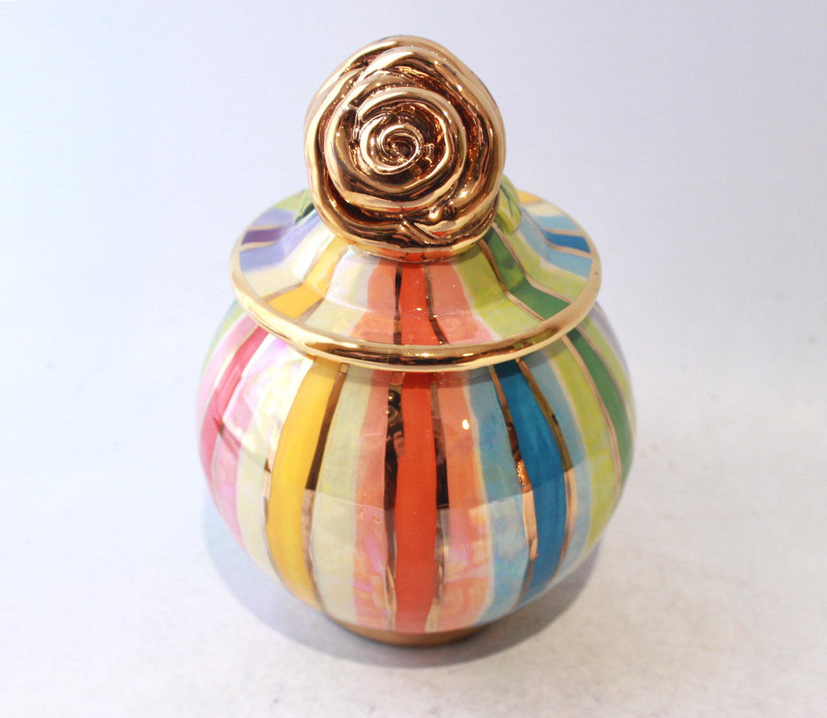 Small Round Rose Lidded Tea Caddy in Lustred Stripe