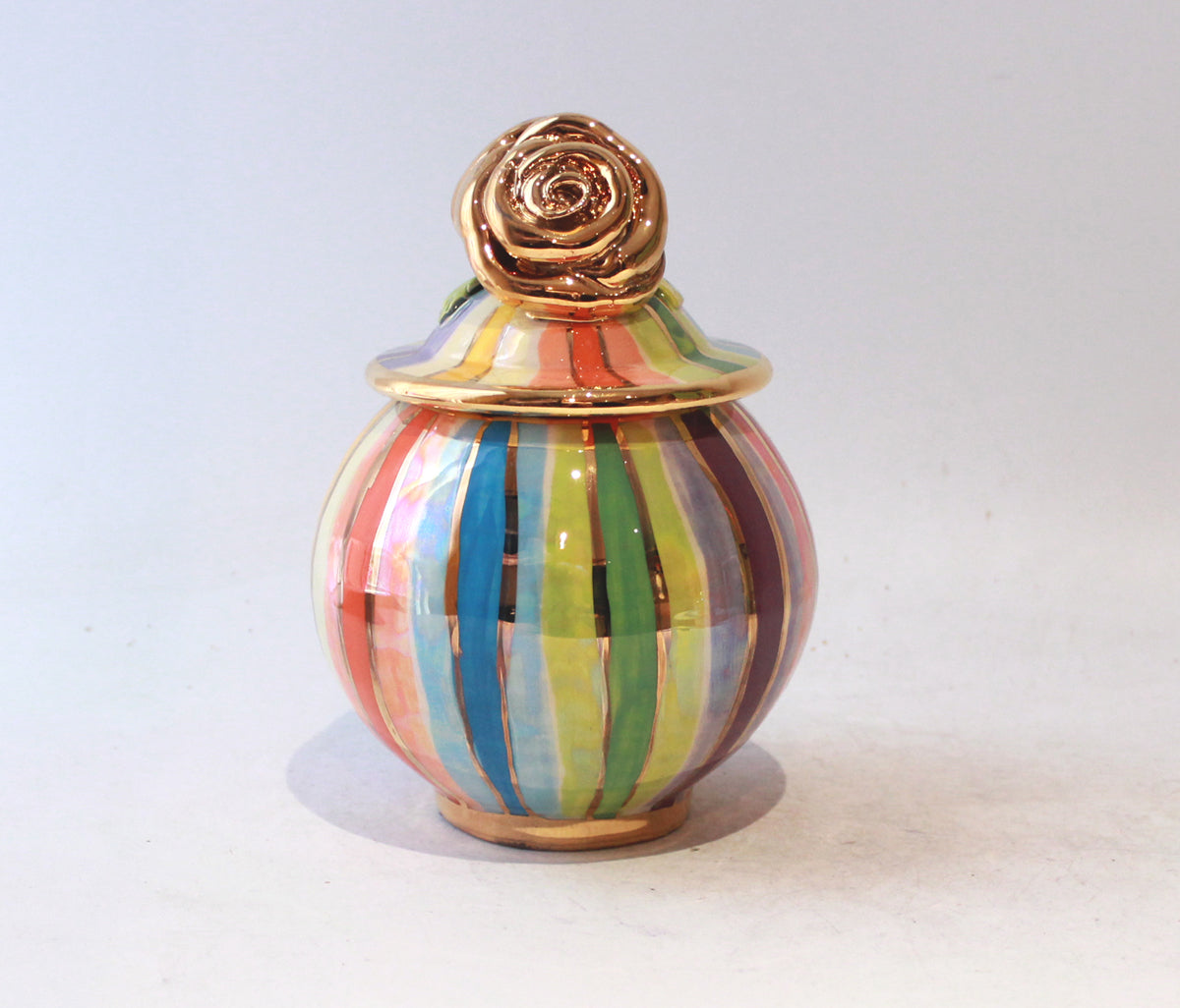 Small Round Rose Lidded Tea Caddy in Lustred Stripe