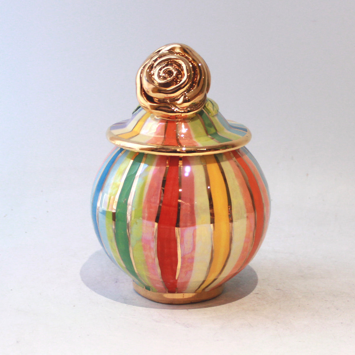 Small Round Rose Lidded Tea Caddy in Lustred Stripe