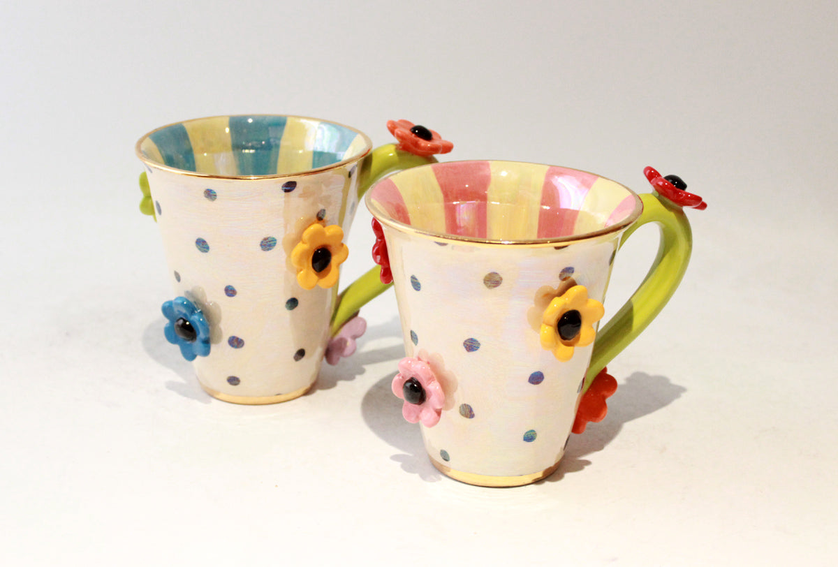 Daisy Studded Mug in Polka with Pink Stripes