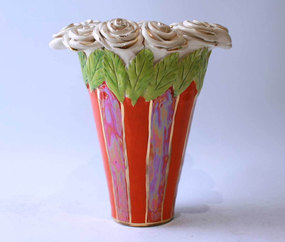 Rose Encrusted Flared Vase in Orange and Red Stripe