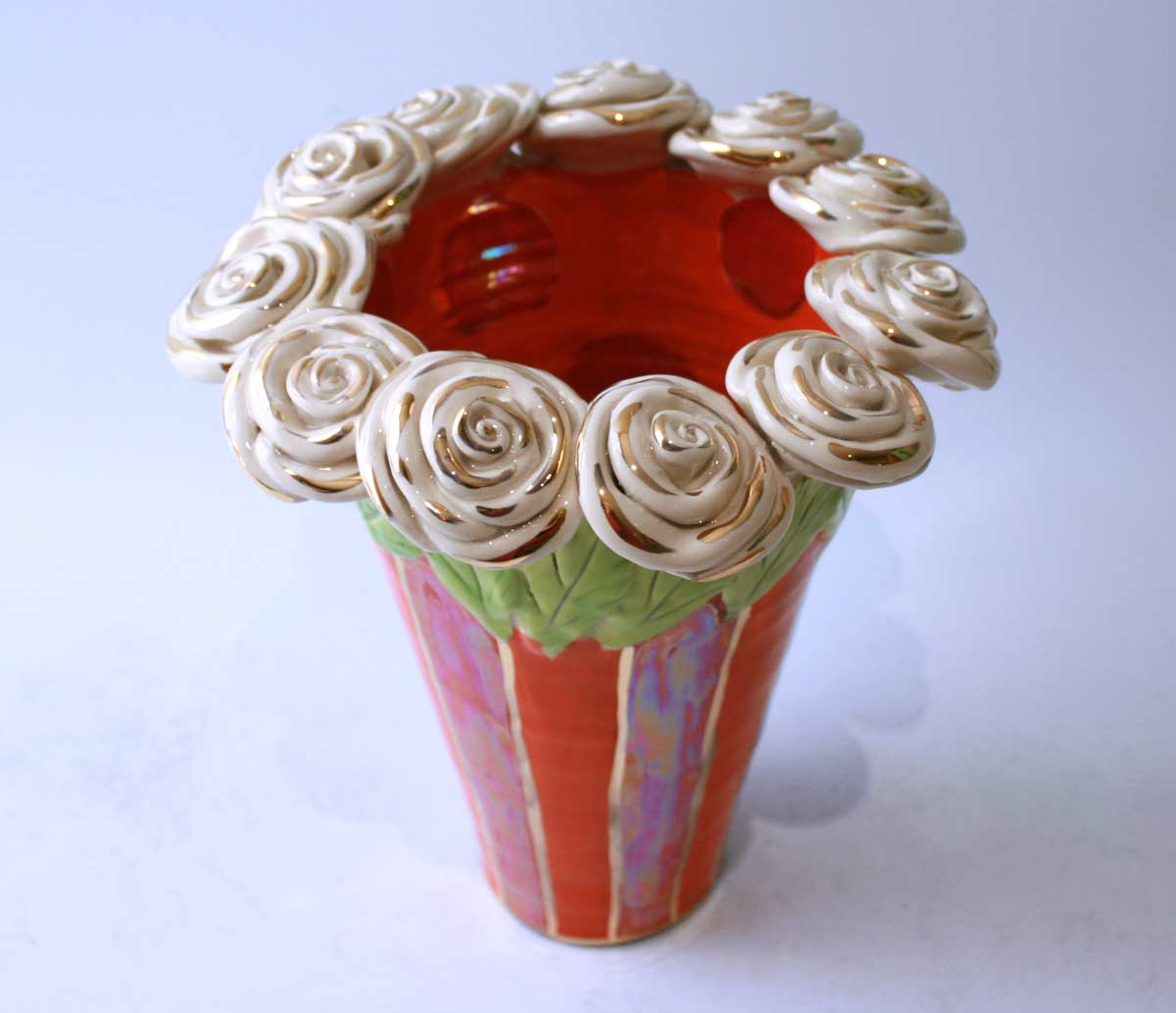 Rose Encrusted Flared Vase in Orange and Red Stripe