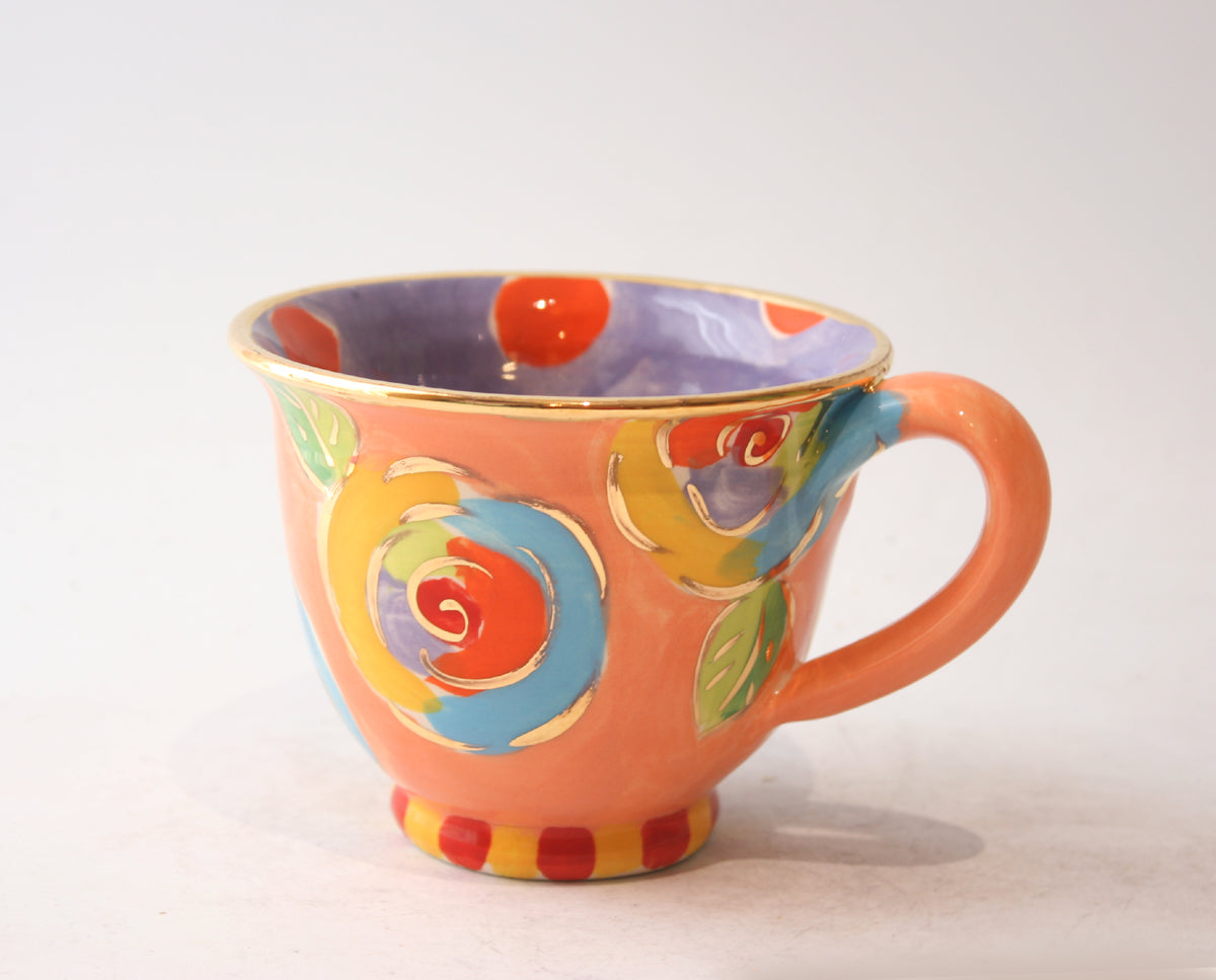 Classic Teacup in Gold New Rose Orange with Daisy Dots