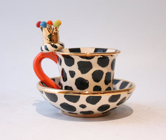 Crown Handled Demi Tasse and Saucer in Dalmatian