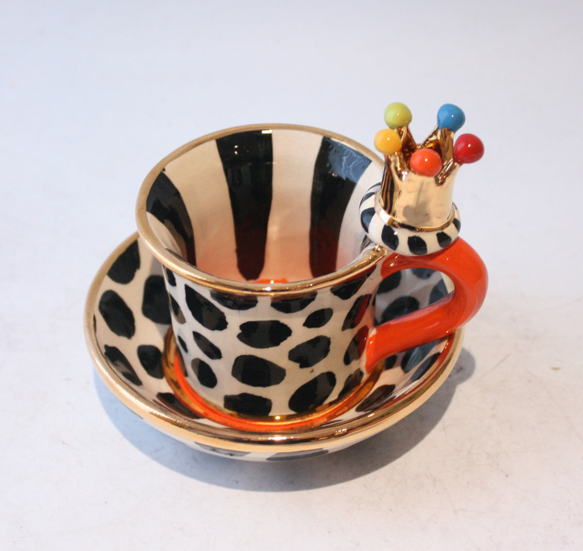 Crown Handled Demi Tasse and Saucer in Dalmatian