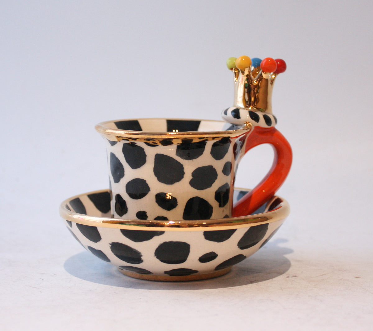 Crown Handled Demi Tasse and Saucer in Dalmatian