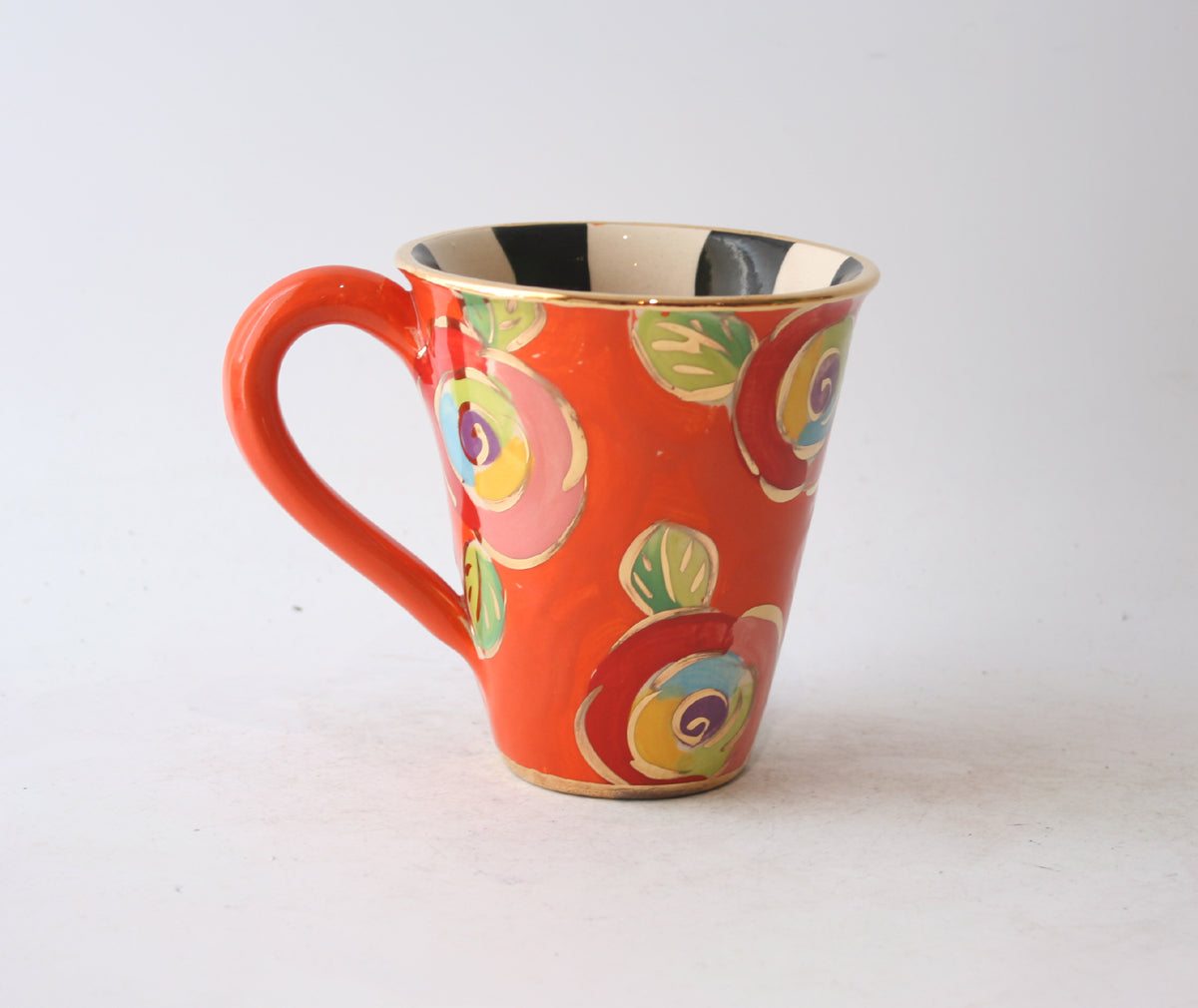 New Shape Large Mug in New Rose Orange with Black and White Stripes