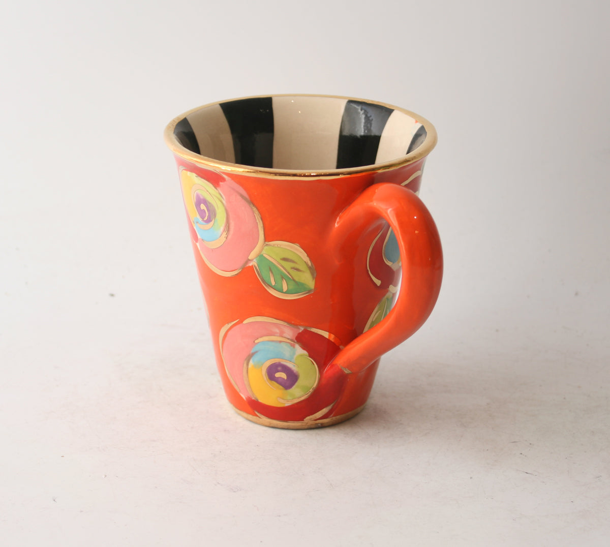 New Shape Large Mug in New Rose Orange with Black and White Stripes