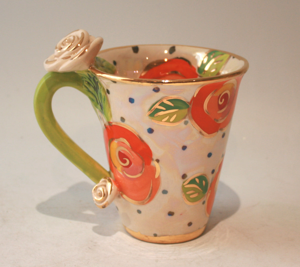 Rose Handled New Shape Large Mug in Orange Gold New Rose Polka