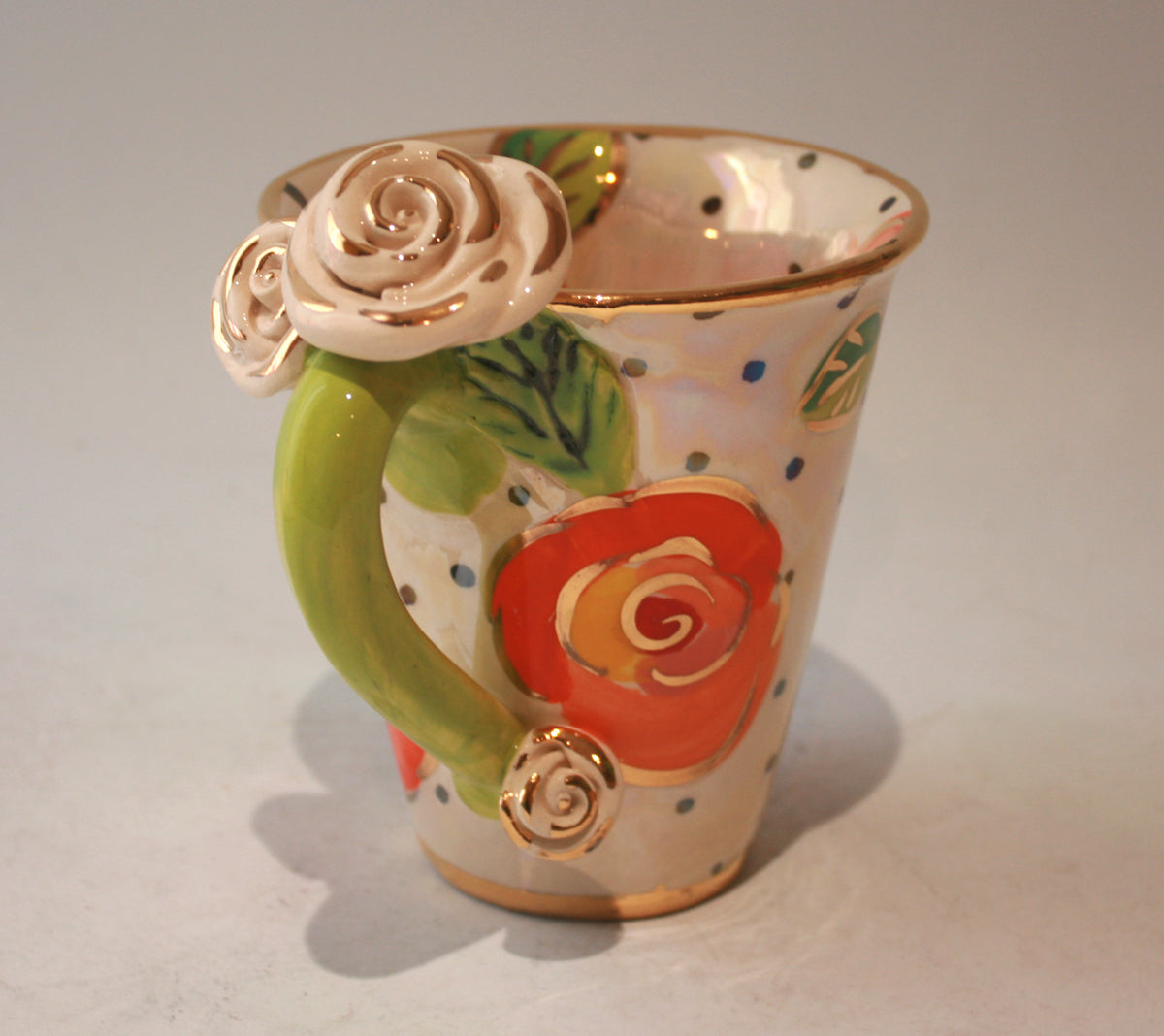 Rose Handled New Shape Large Mug in Orange Gold New Rose Polka