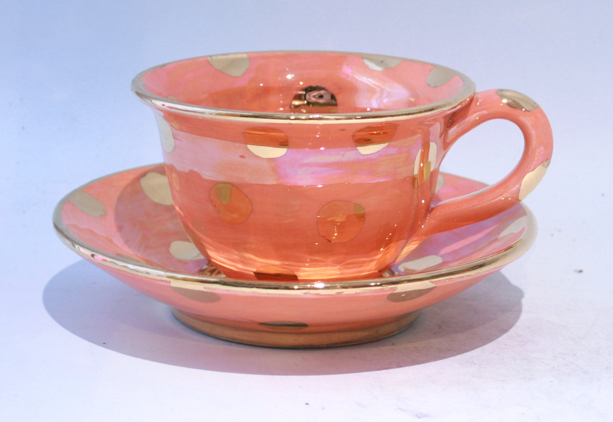 Orange Cup and Saucer with Gold Dots