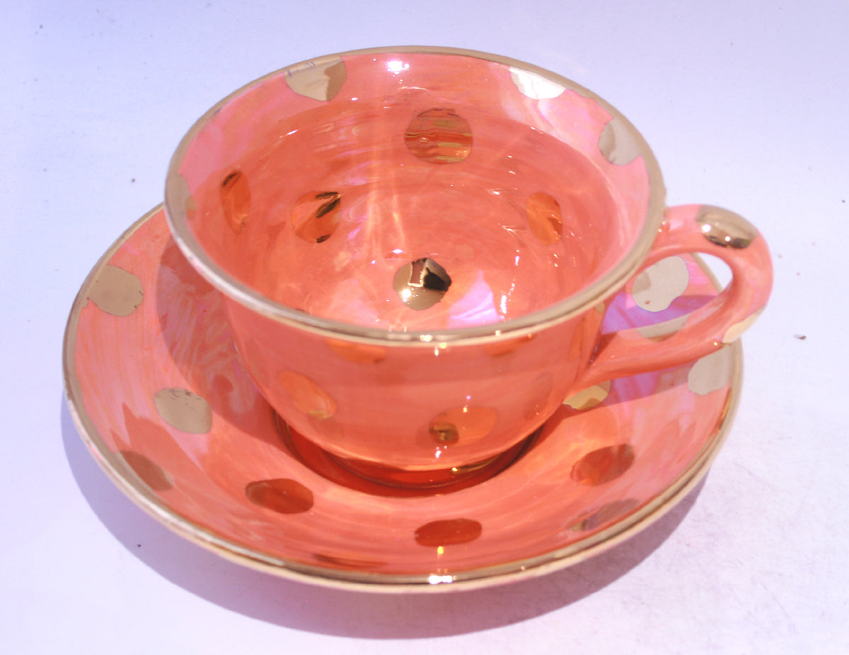 Orange Cup and Saucer with Gold Dots