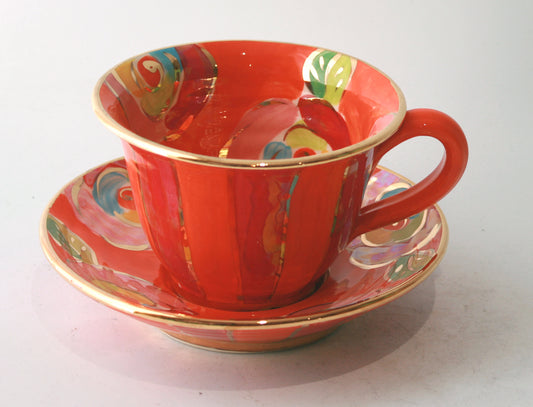 Cup and Saucer in Orange and Red Stripe