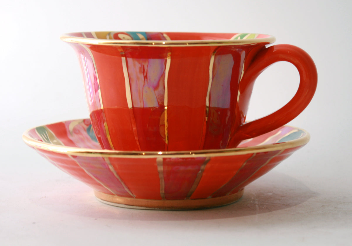 Cup and Saucer in Orange and Red Stripe