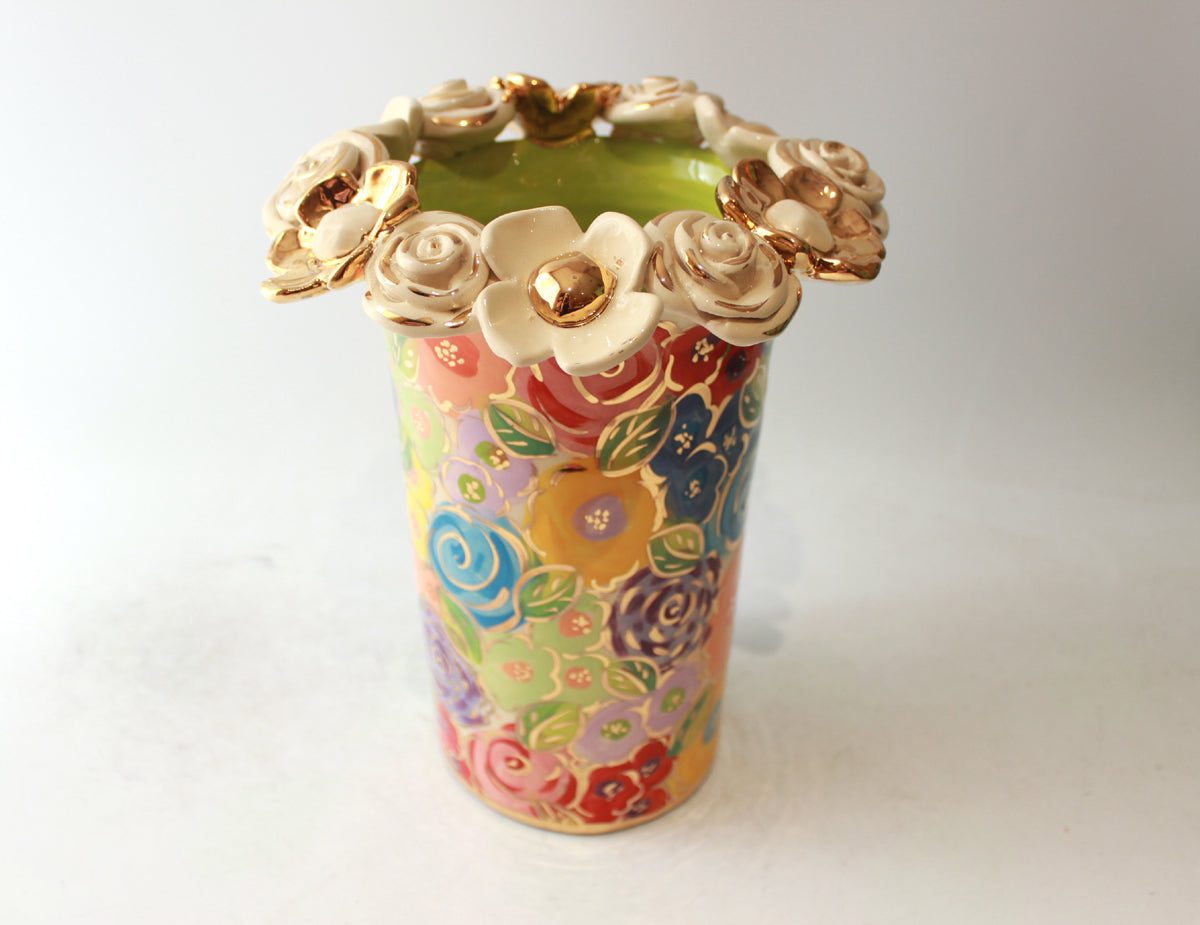 Small Multiflower Encrusted Cylinder Vase in Pastel Blooms