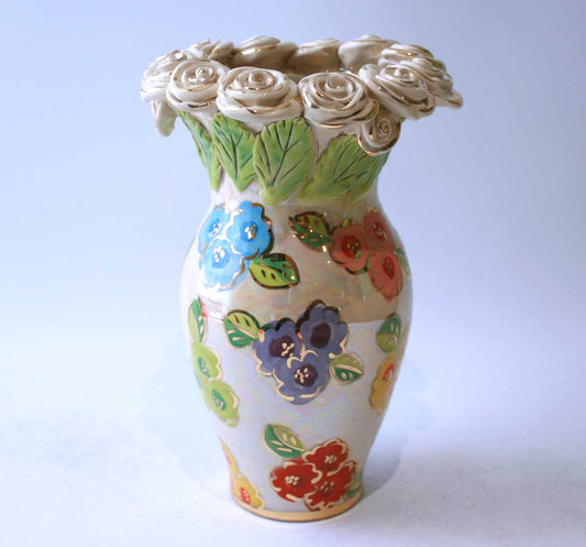 Medium Rose Encrusted Vase in Petit Fleur