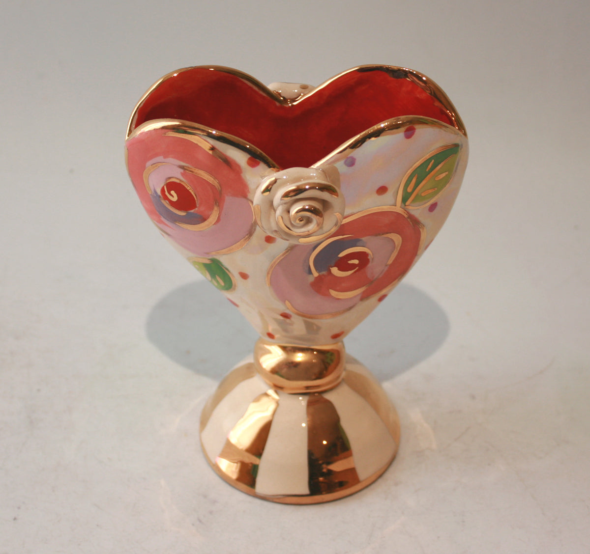 Baby Heart Vase in Gold New Rose on Pink Dots