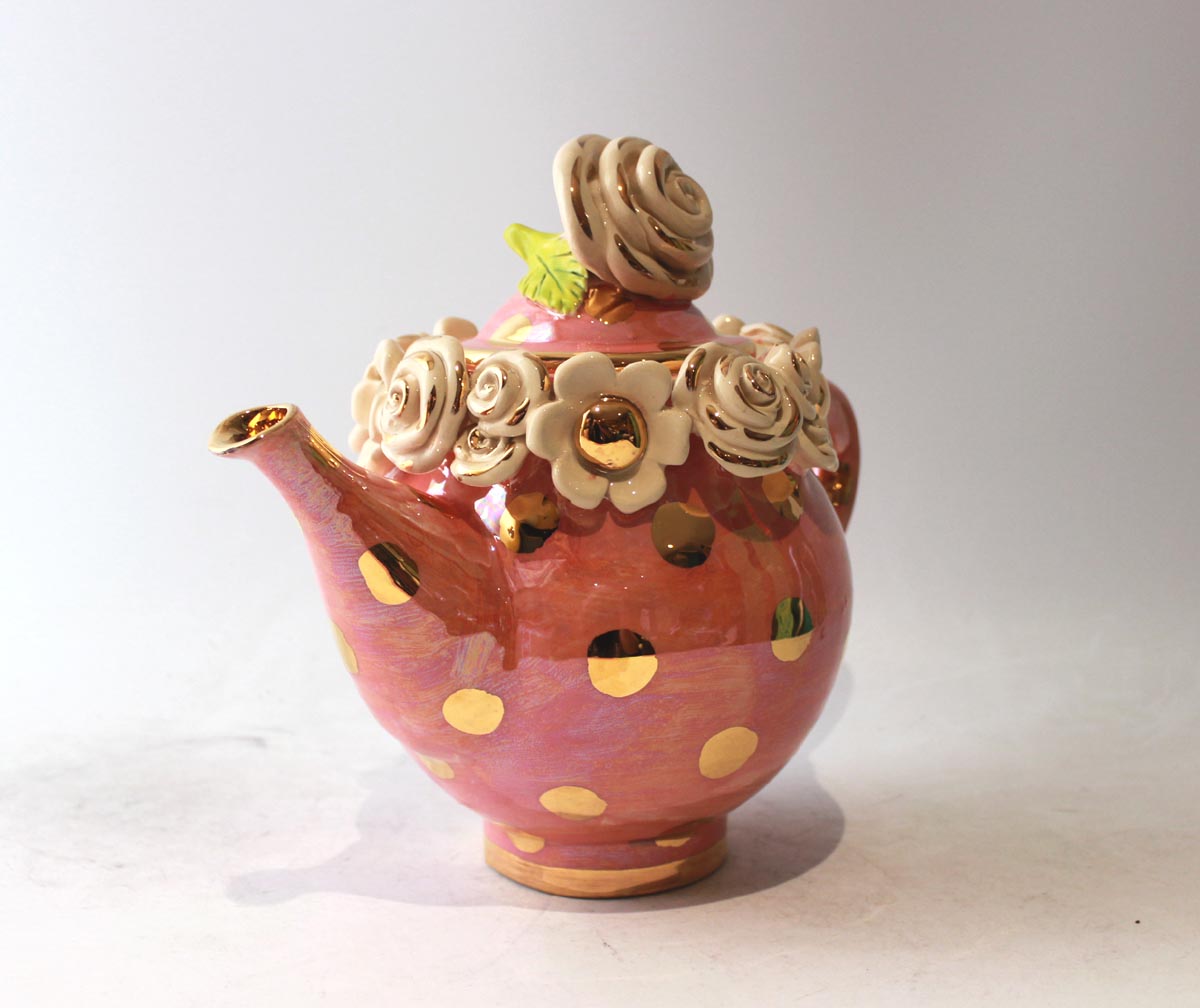 Medium Multiflower Encrusted Teapot in Pink with Gold Dots
