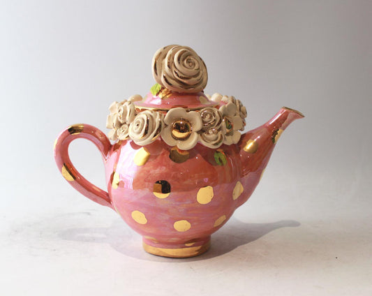 Medium Multiflower Encrusted Teapot in Pink with Gold Dots