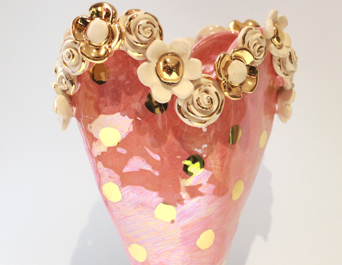 Large Multiflower Encrusted Heart Vase in Iridescent Pink with Gold Dots