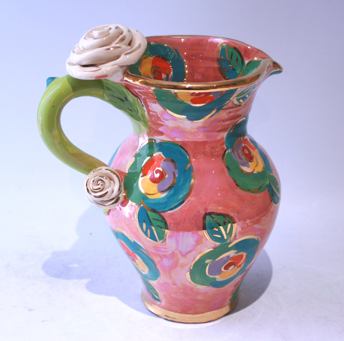 Large Rose Handled Jug in Gold New Rose on Iridescent Pink