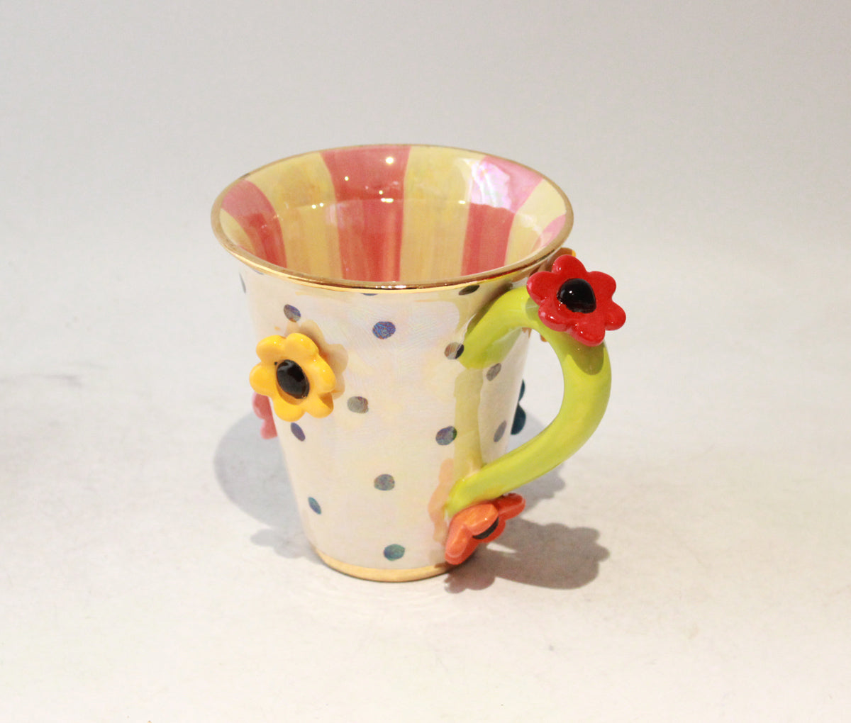 Daisy Studded Mug in Polka with Pink Stripes