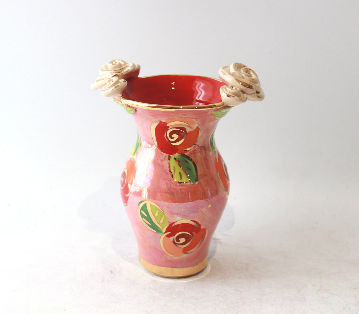 Tiny Rose Edged Vase in Rosebud on Iridescent Pink