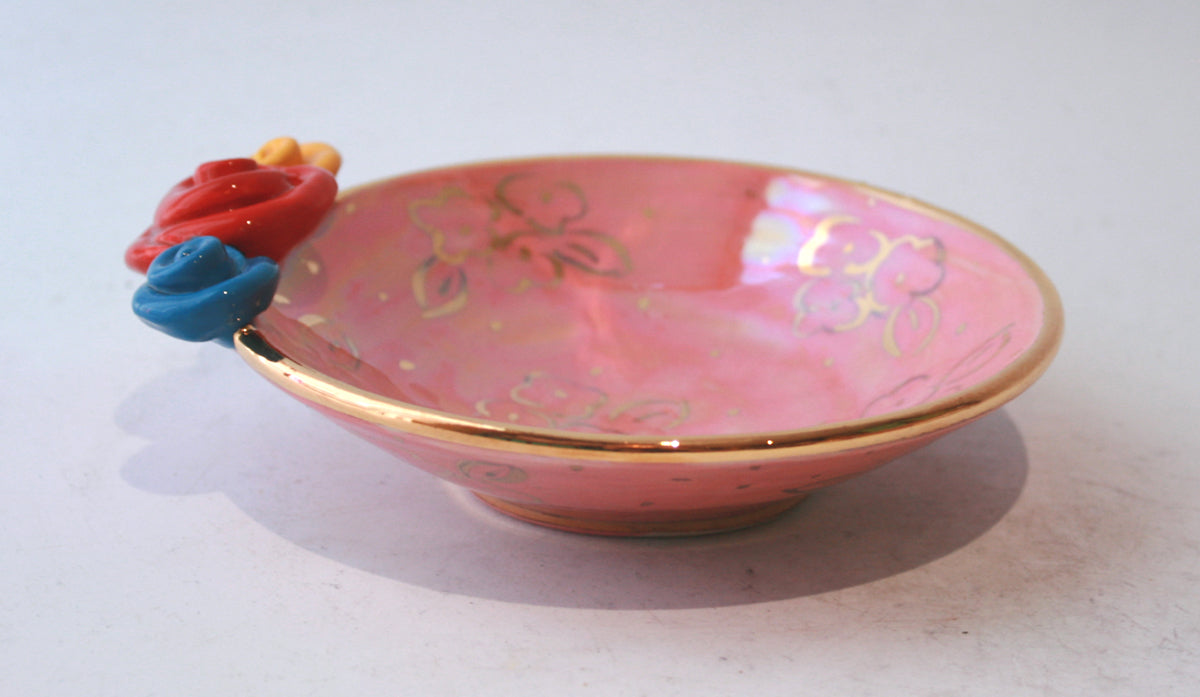 Rose Saucer in Pink with Gold Dots and Posies