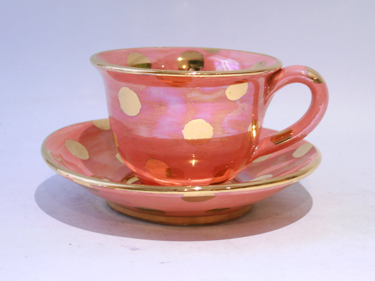 Pink Cup and Saucer with Gold Dots