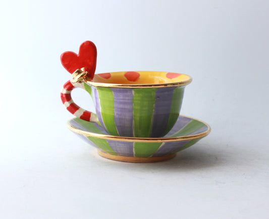 Heart Handled Cup and Saucer in Purple and Green