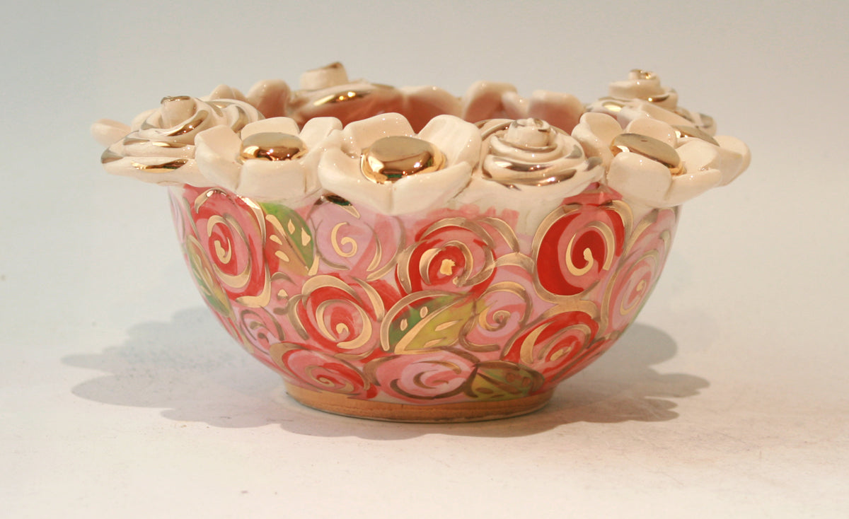 Tiny Multiflower Encrusted Bowl in Pink Rosebush