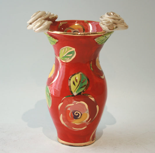 Small Rose Edged Vase in Gold New Rose on Red
