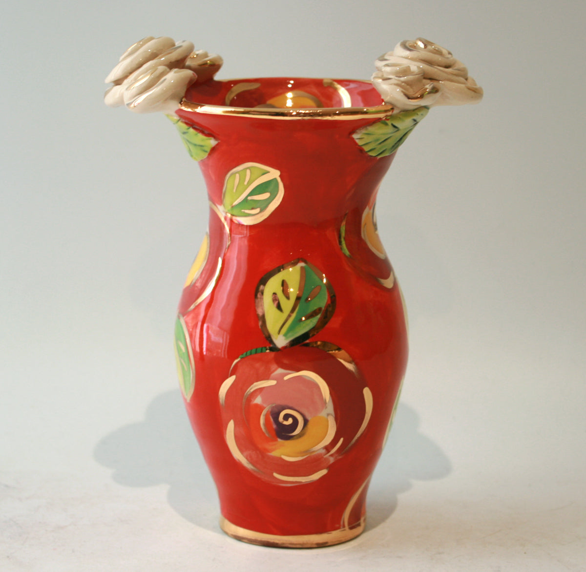 Small Rose Edged Vase in Gold New Rose on Red