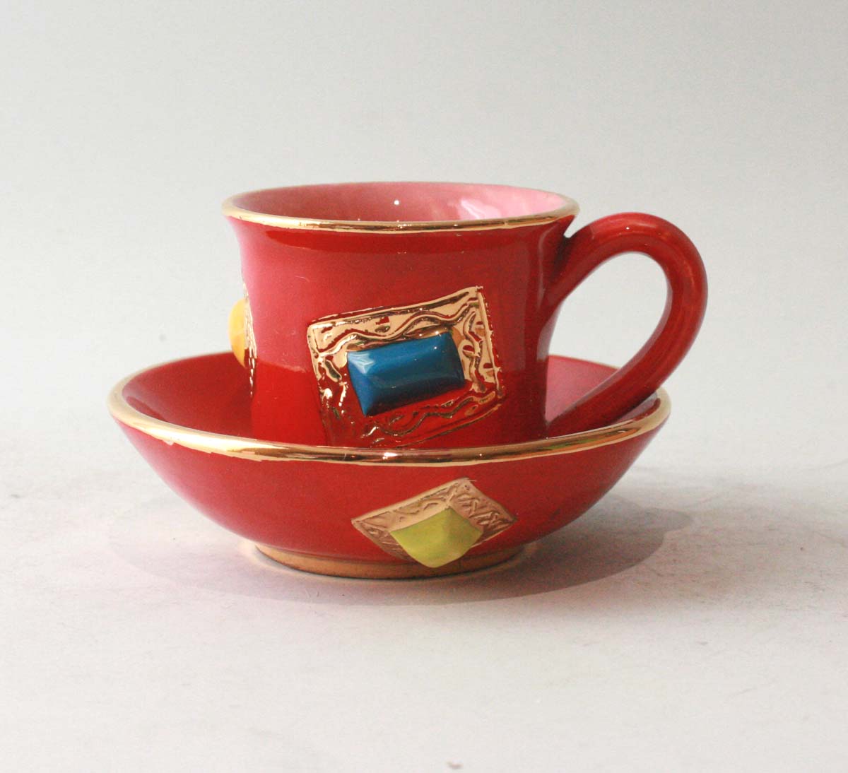Jewelled Demi-Tasse and Saucer in Red