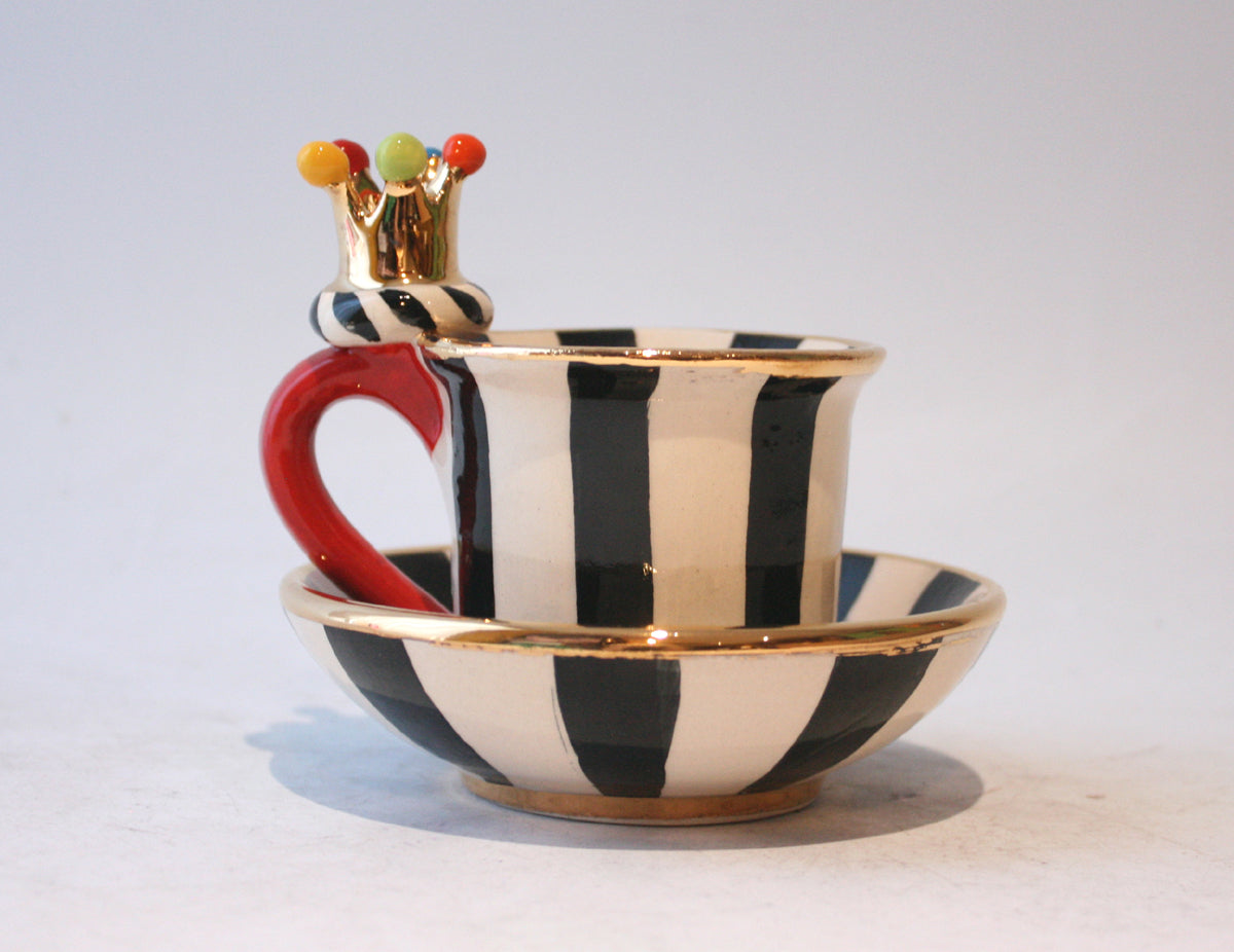 Crown Handled Demi Tasse and Saucer in Black Stripes