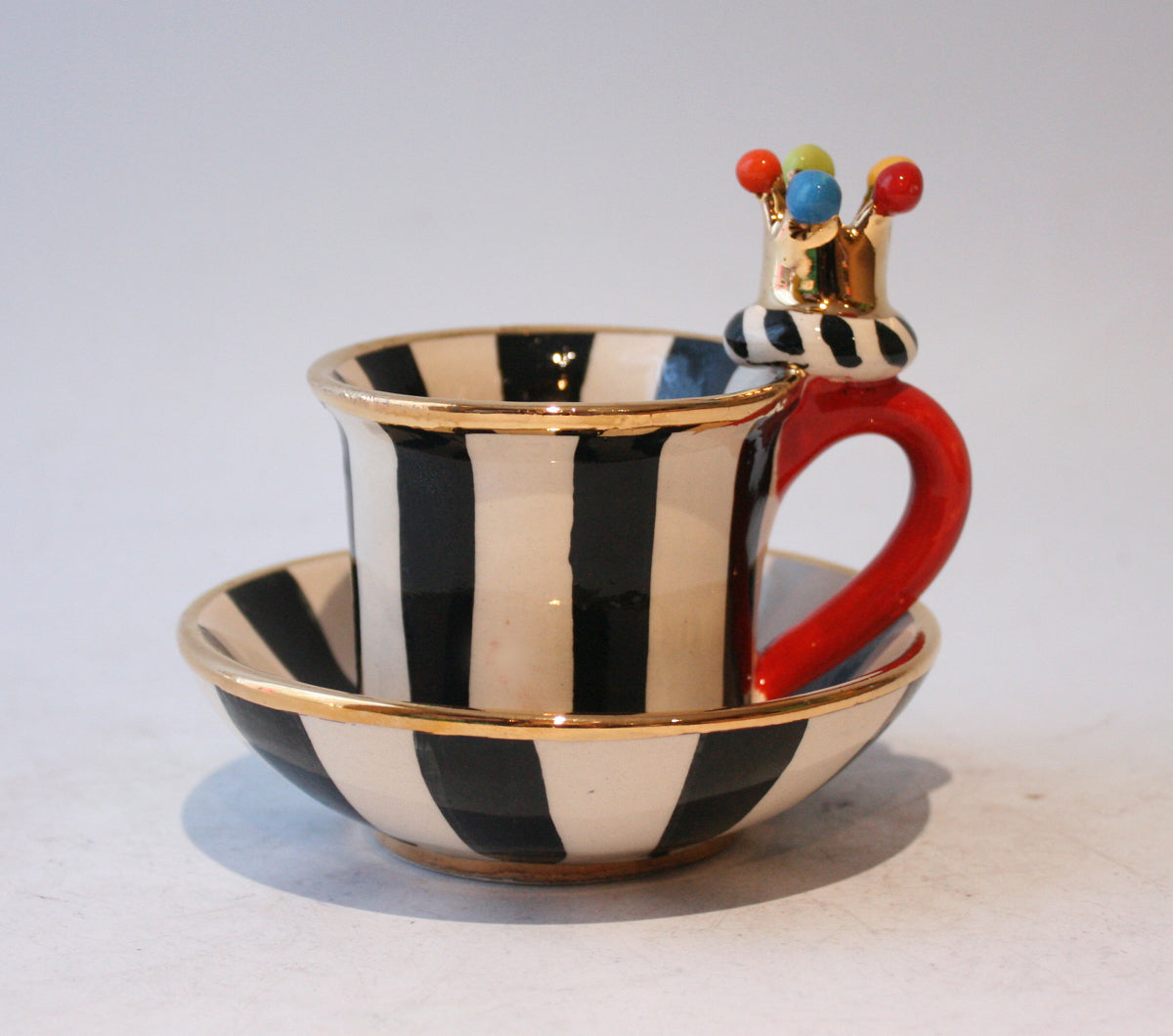 Crown Handled Demi Tasse and Saucer in Black Stripes