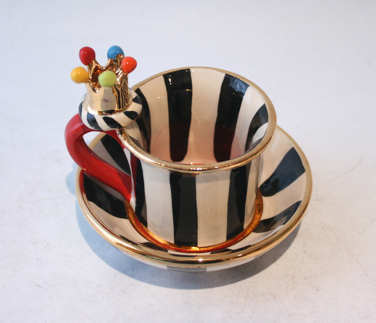 Crown Handled Demi Tasse and Saucer in Black Stripes