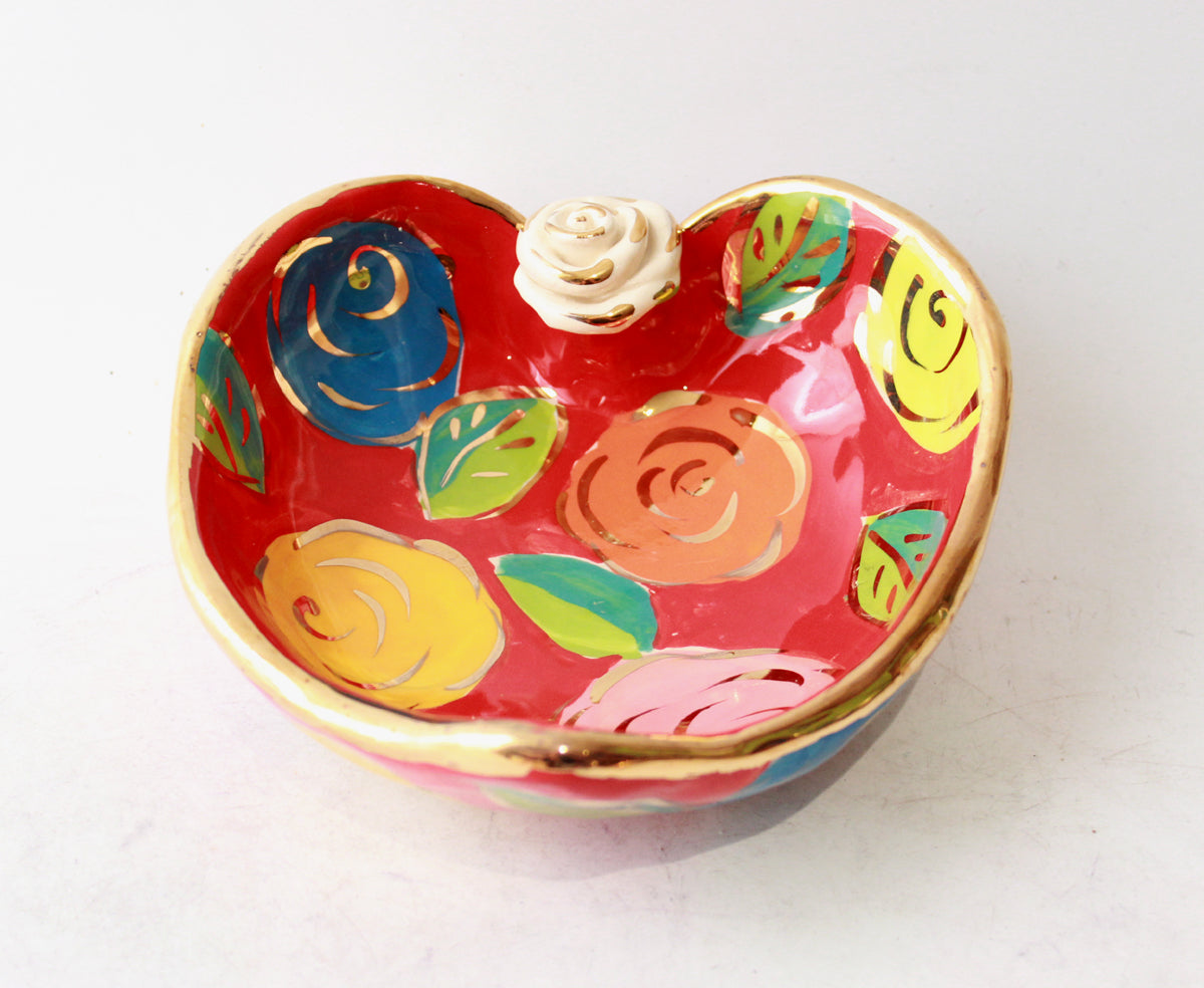 Heart Shaped Bowl in Pastel Block Rose on Red