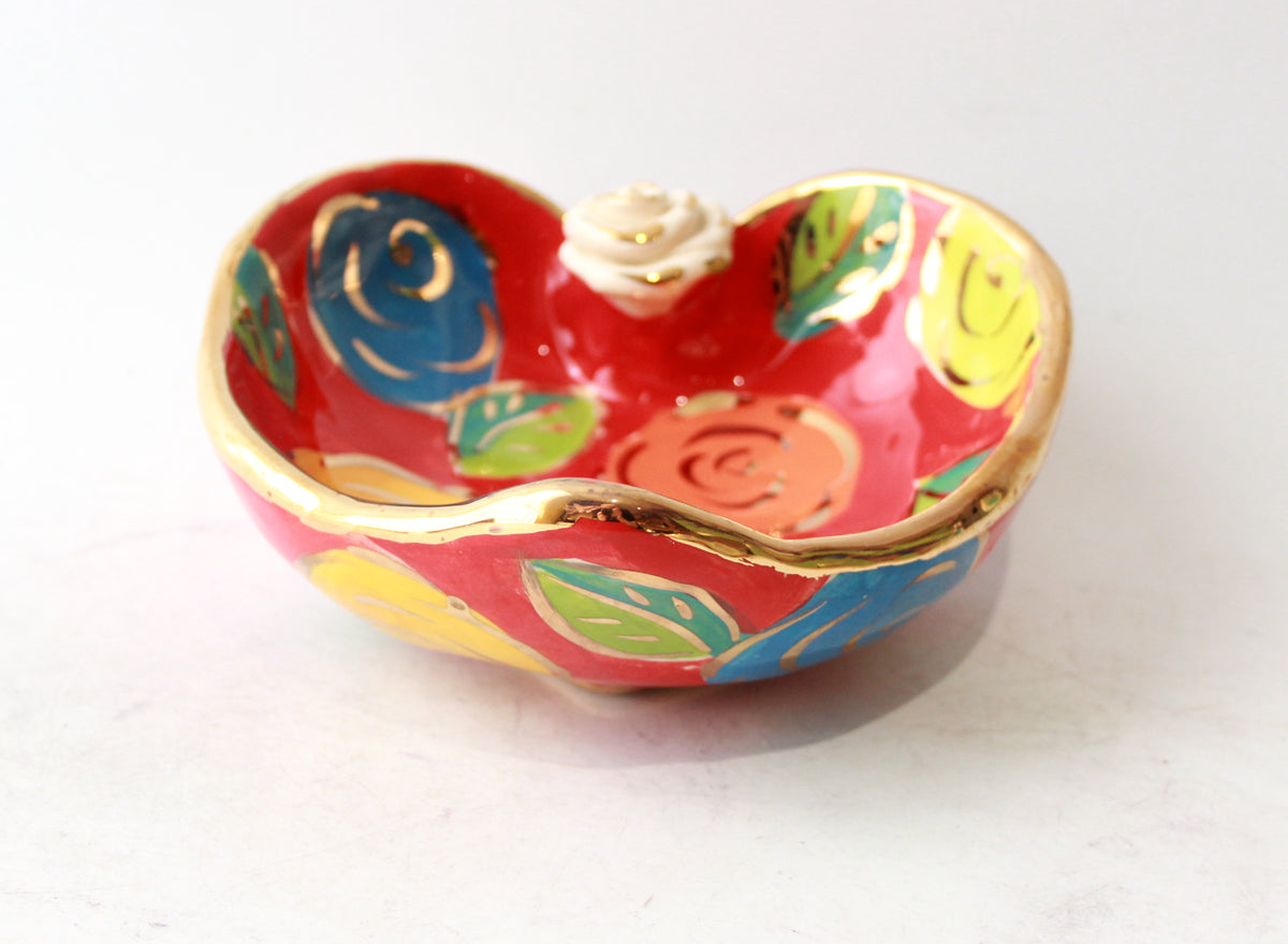 Heart Shaped Bowl in Pastel Block Rose on Red