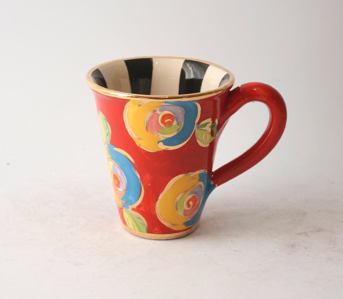 New Shape Large Mug in New Rose Red with Black and White Stripes