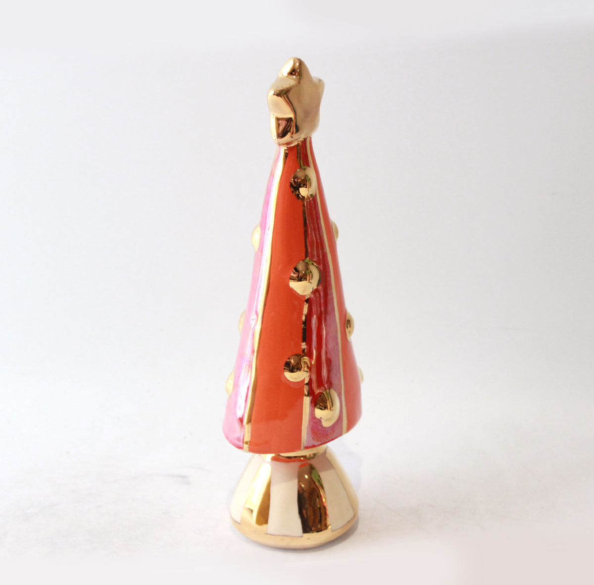 Small Christmas Tree in Orange and Red Stripe with Gold and White Striped Base