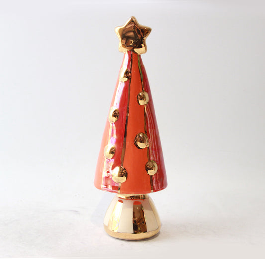 Small Christmas Tree in Orange and Red Stripe with Gold and White Striped Base