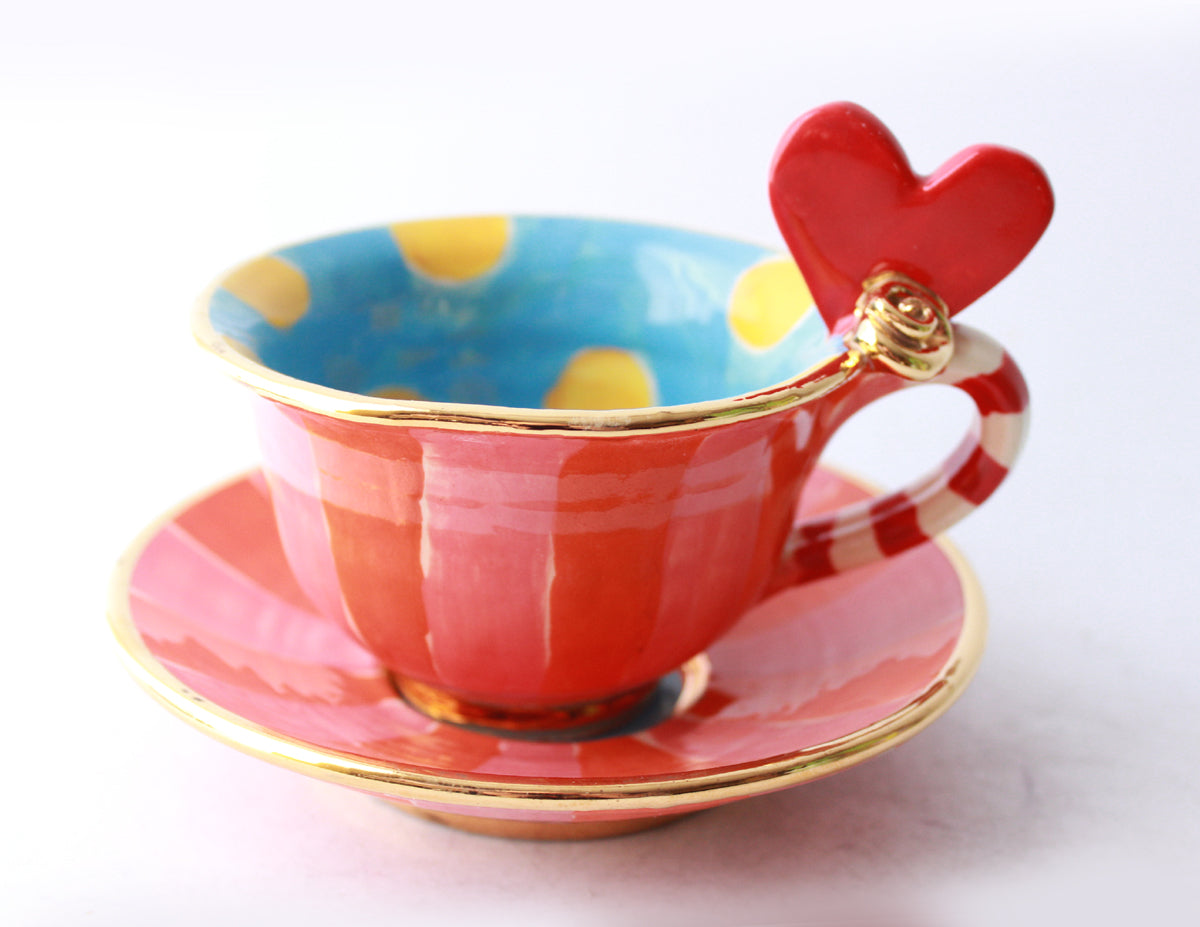 Heart Handled Cup and Saucer in Pink and Red Stripes