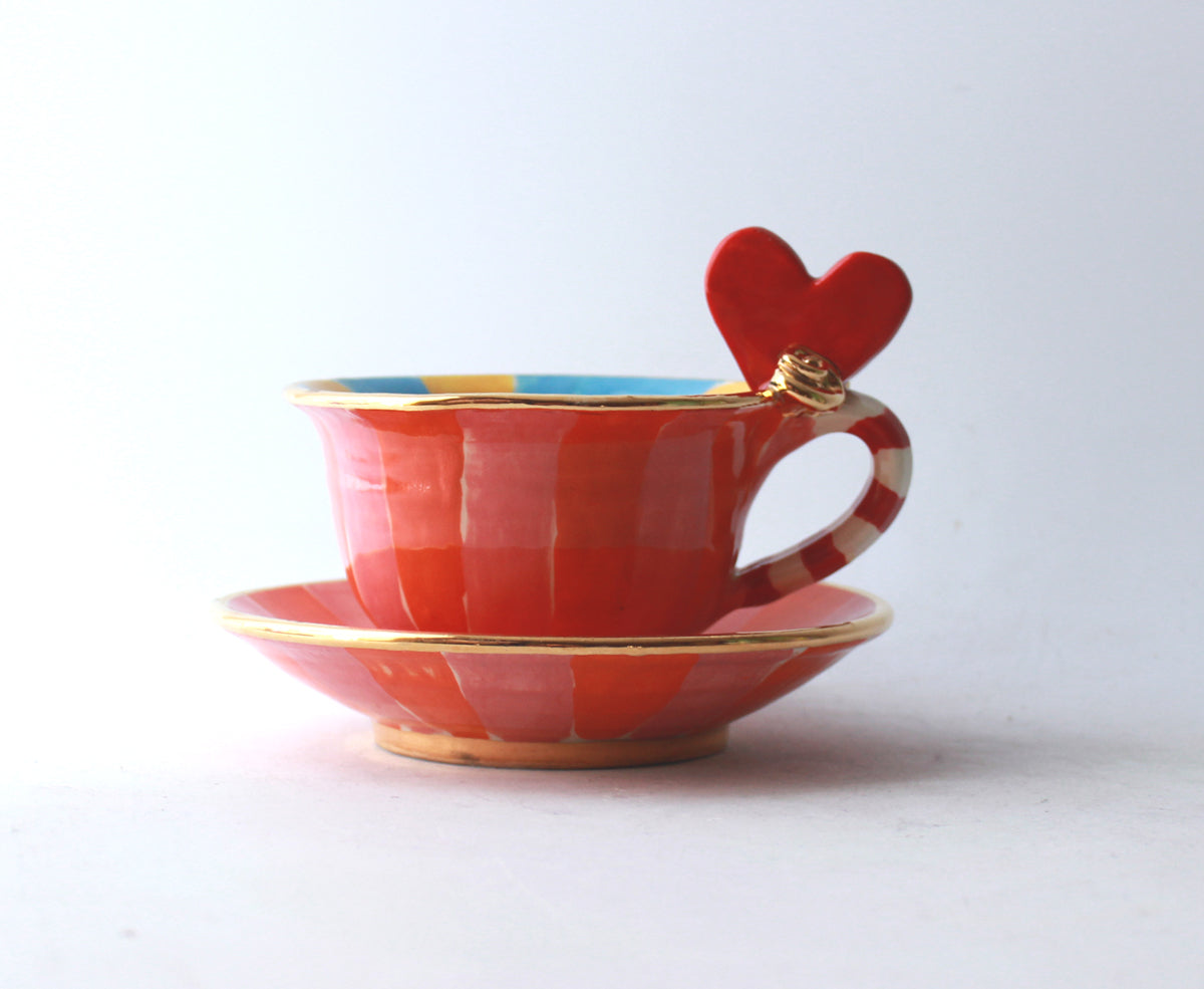 Heart Handled Cup and Saucer in Pink and Red Stripes