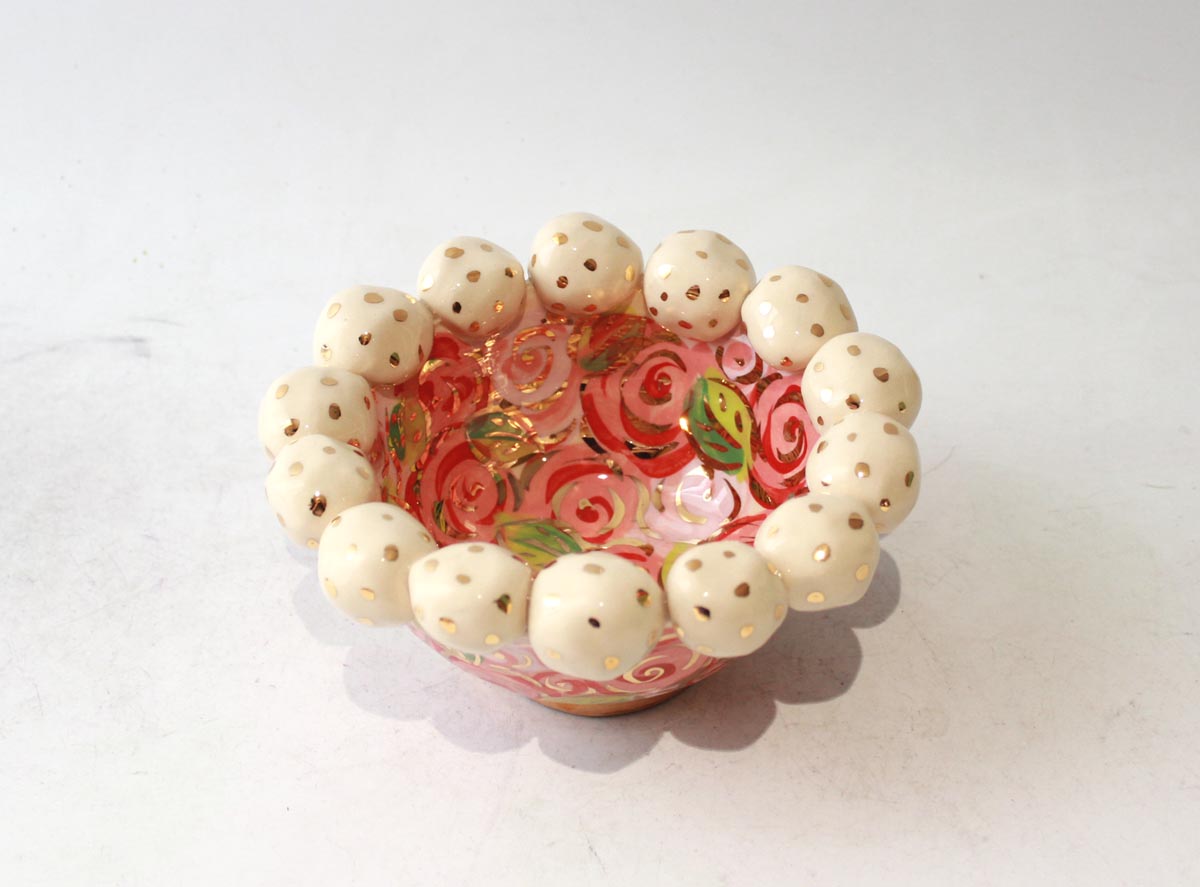 Tiny Beaded Bowl in Pink Rosebush