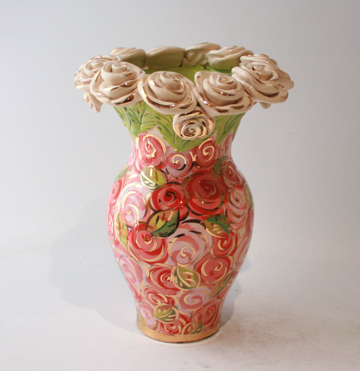 Medium Rose Encrusted Vase in Pink Rosebush