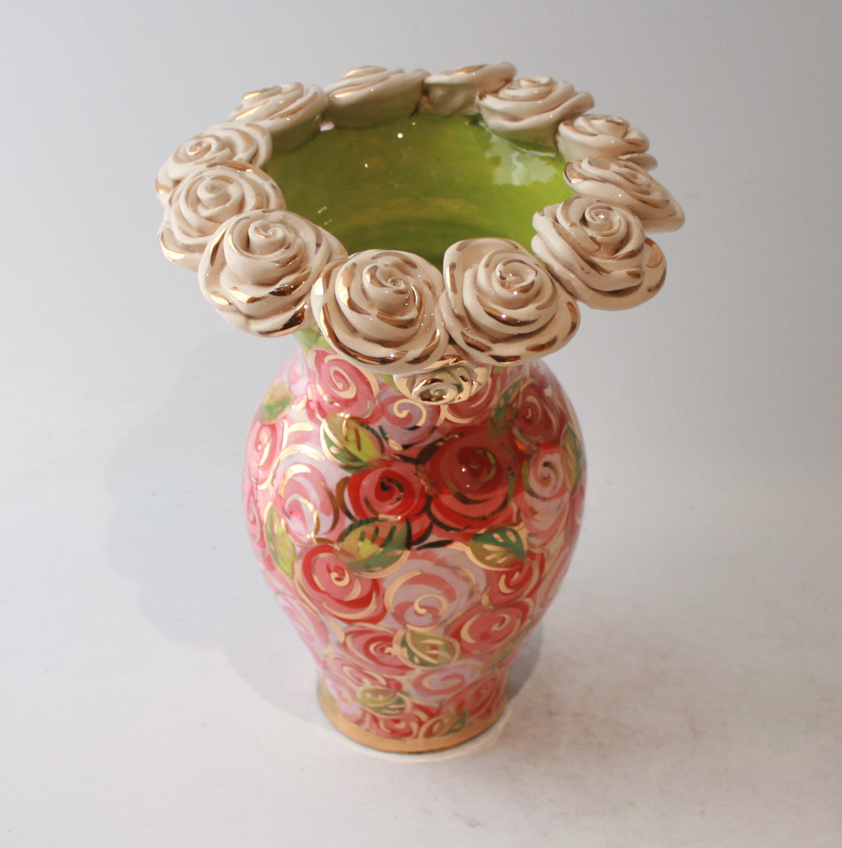 Medium Rose Encrusted Vase in Pink Rosebush