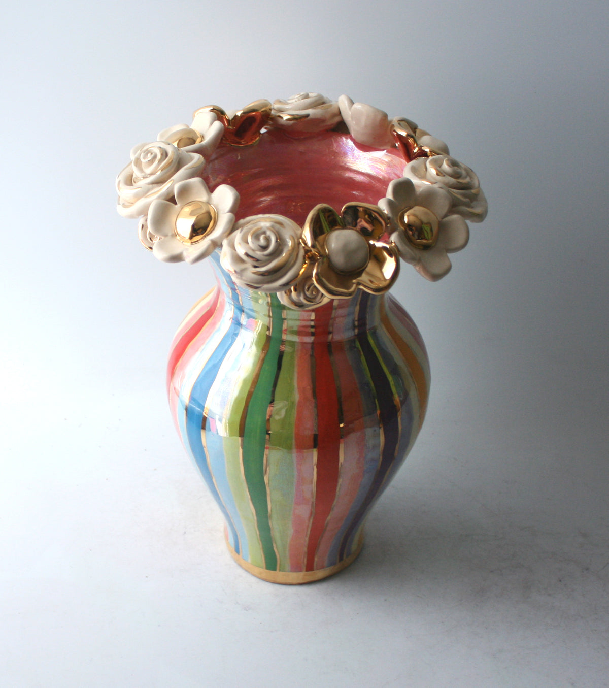 Large Multiflower Encrusted Vase in Lustred Stripe