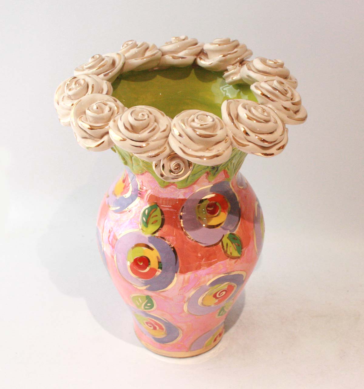 Large Rose Encrusted Vase in Gold New Rose Peach